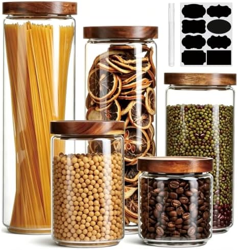 Flrolove Glass Canisters With Wooden Lids, Kitchen Jars for Storage 5 Pack by Flrolove