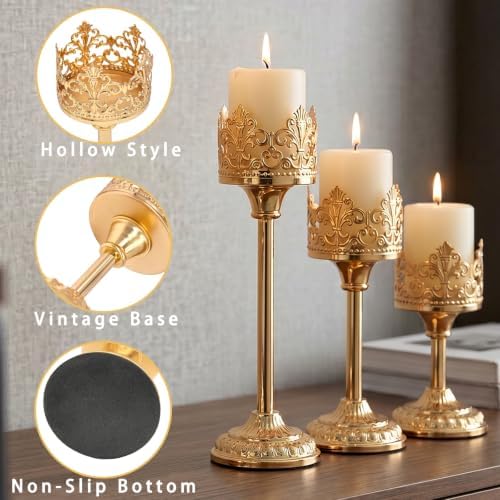 Candle Holder for Pillar Candle Set of 3, Gold Vintage Tall Candleholders for 3 Inch Pillars, Rustic Candle Stand for Fireplace Mantle Shelf Table Home Decor - Image 6
