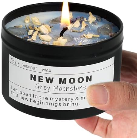 NEW Moon Handmade Candle, New Beginnings, Ritual Energy Gift, Intention De-Stress Good Fortune, Success Protection, Meditation, Moonstone, Soy Wax (8oz) by Unknown