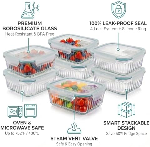 5-Packs, 36 Oz Glass Meal Prep Containers with Snap Locking Lids Glass Food Containers,Airtight Lunch Container,Microwave, Oven, Freezer and Dishwasher - Image 2