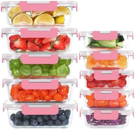KOMUEE 10 Pack Glass Food Storage Containers with Lids, Pink by KOMUEEUS