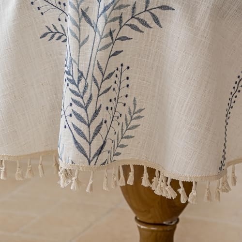 Joyfol Day Rustic Waterproof Linen Round Tablecloth, Heavy Weight Fern Embroidery Table Cloths for Round Tables, Farmhouse Spill-Proof Table Covers with Tassels, Blue, 55 inch - Image 6