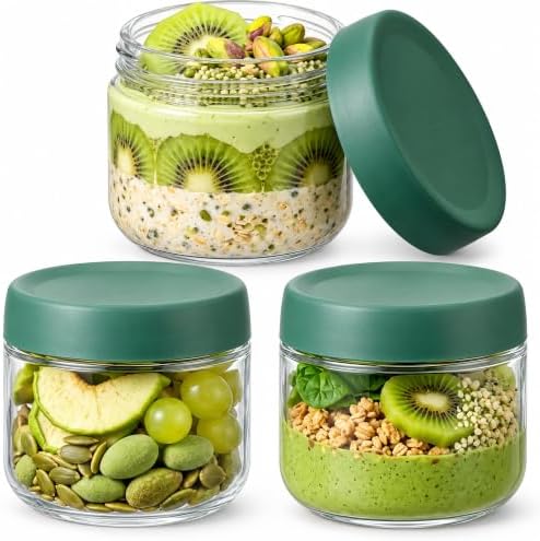 Povinmos® 3Pack Overnight Oats Containers with Lids,10oz Glass Jar with Scew Lid,Salad Dressing Fruit Veggies Sauce Snacks Meal Prep Food Containers,Spice Jars,Wide Mouth Storage Containers by Povinmos