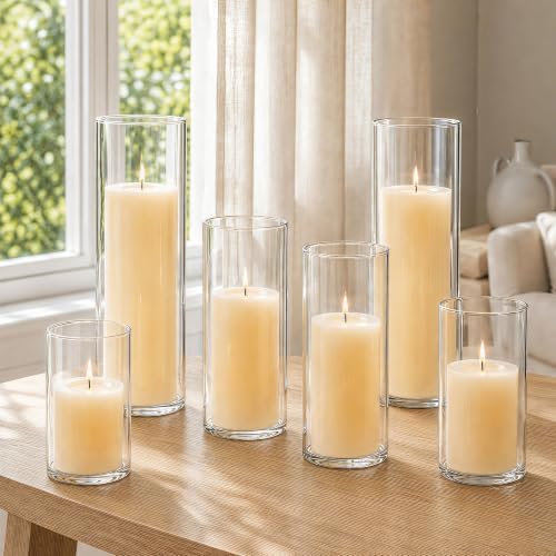 Set of 12 Pillar Candles with Clear Glass Hurricane Holders- Elegant Cylinder Candle Vases for Weddings, Parties, Centerpieces, Home & Office Decor by NATCENSE