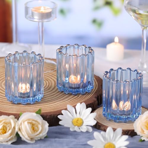 HAVITI Glass Blue Votive Candle Holder, Ribbed Votive Candle Holders Set of 12, Tealight Candle Holder for Wedding Centerpieces Dinner Party Table Decor - Image 3