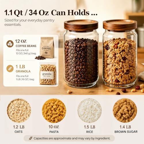 ComSaf Glass Jar with Acacia Wood Lid 34oz 1Pack, Food Storage Container | 1.1Qt Canister, Oats Coffee Sugar Pasta Candy Cookies Nut, Kitchen Pantry, Decorative, Countertop Display, Food-Grade, Label - Image 3