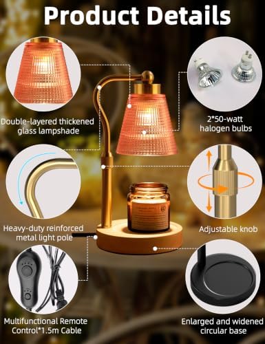 Candle Warmer Lamp for Jar Candles, Height Adjustable & Dimmable with 2/4/8H Timer, 2 * 50W Halogen Wax Melter Warmer for Home Office Décor, Flameless & Smokeless, Gift for Women Mom,Pomegranate Red - Image 5