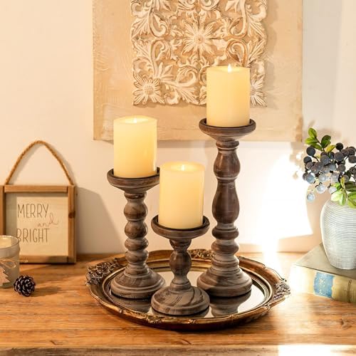 Wood Pillar Candle Holder: Rustic Distressed Brown Candle Stand - Image 4