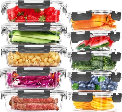 10-Pack Large Glass Meal Prep Containers, Food Storage Containers with Lids by Skroam