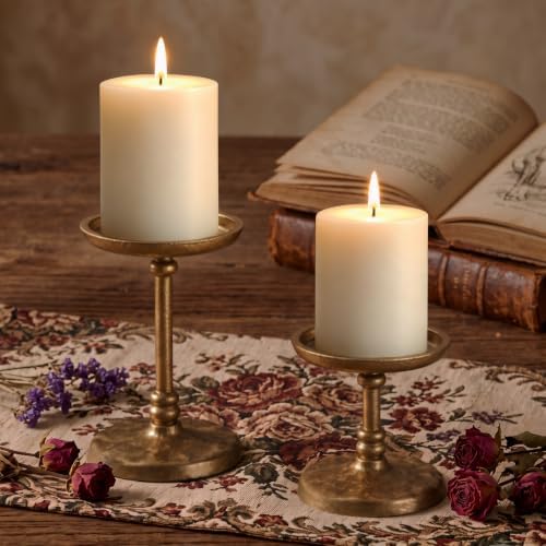 PERFNIQUE Cast Iron Pillar Candle Holders Set of 2 Antique Gold Candle Tray - Image 7