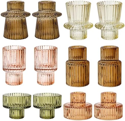 Brown Candlestick Holders 12PCS Ribbed Glass Taper Candle Holders Set for Tealight Candlestick Candles, Table Centerpieces for Thanksgiving Christmas Farmhouse Decor Indoor and Outdoor by Unknown