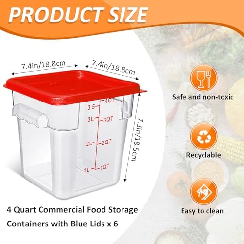 Yungyan 6 Pcs Commercial Clear Food Storage Containers 4 Qt Square Acrylic Airtight Food Storage Containers with Lids for Kitchen Restaurant Pantry Freezer Flour Sugar(Red) - Image 2