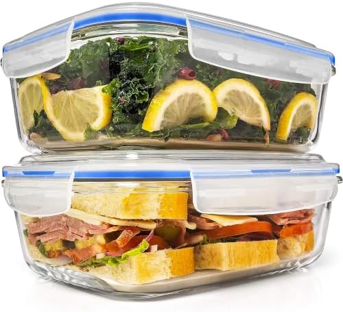 Razab 6.5 Cups / 52 Oz 4 Piece (2 Containers + 2 Lids) Glass Food Storage Containers Set with Airtight Locking Lids - For Storing, Baking & Serving BPA Free, Leakproof - Microwave, Freezer & Oven Safe by RazabHomeGoods