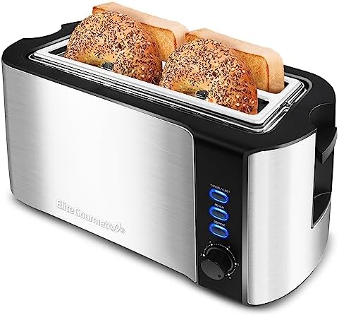 Elite Gourmet ECT-3100 Long Slot 4 Slice Toaster, Reheat, 6 Toast Settings, Defrost, Cancel Functions, Built-in Warming Rack, Extra Wide Slots for Bagels Waffles, Stainless Steel & Black by EliteGourmet