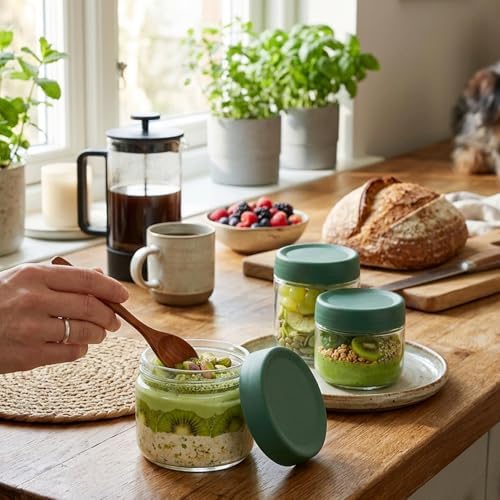 Povinmos® 3Pack Overnight Oats Containers with Lids,10oz Glass Jar with Scew Lid,Salad Dressing Fruit Veggies Sauce Snacks Meal Prep Food Containers,Spice Jars,Wide Mouth Storage Containers - Image 3