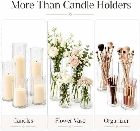 Set of 12 Pillar Candles with Clear Glass Hurricane Holders- Elegant Cylinder Candle Vases for Weddings, Parties, Centerpieces, Home & Office Decor - Image 3