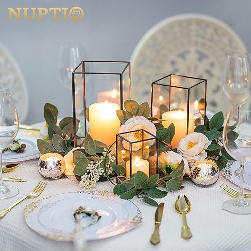 NUPTIO Glass Hurricane Candle Holder: 3 Pcs Black Lanterns Geometric Pillar Candles Holder Decorative Lantern Centerpiece for Outdoor & Indoor Halloween Holiday Fireplace Decor 8.1 & 6.5 & 4.7 inch - Image 4