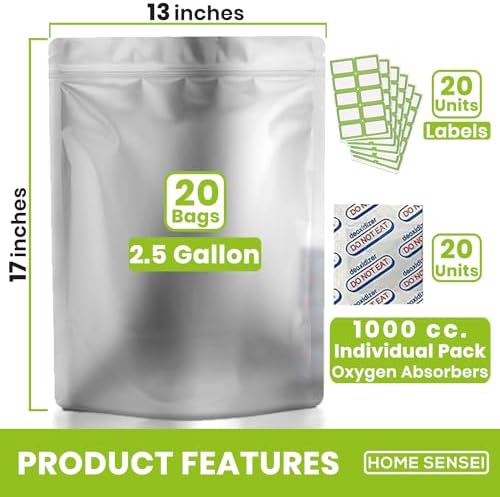 20 Mylar Bags for Food Storage, 2.5 Gallon Capacity, Extra Thick 15 Mil, with 1000cc Oxygen Absorbers, Resealable, Stand-Up Gusset, Ideal for Long-Term Food Storage - Image 2