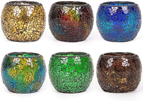 Rancco Glass Votive Candle Holder for Tealight, 6 Set Romantic Stained Mosaic Tealight Candle Holders, Handmade Cracked Aromatherapy Candle Lamp for Valentine, Party, Christmas Table Centerpiece Decor - Image 2