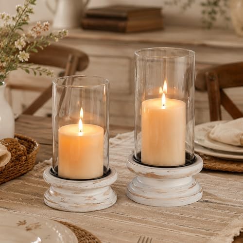 Hewory Hurricane Glass Candle Holders: 2Pcs White Wooden Candle Holders by Hewory