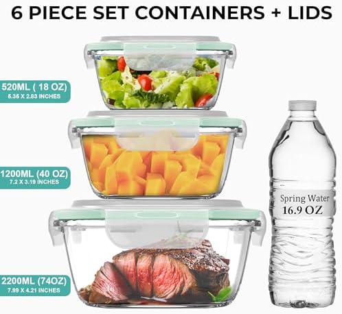 Razab 6 PC Square Glass Food Storage Containers with Airtight lids (74, 40 & 18 oz) Kitchen Glass Meal Prep Containers Set for Freezer Reusable Leftover Lunch Boxes, Oven, Microwave, Dishwasher Safe - Image 6