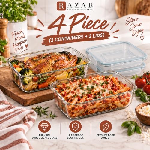 Razab 6.5 Cups / 52 Oz 4 Piece (2 Containers + 2 Lids) Glass Food Storage Containers Set with Airtight Locking Lids - For Storing, Baking & Serving BPA Free, Leakproof - Microwave, Freezer & Oven Safe - Image 5