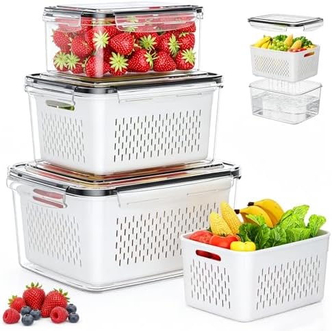Fruit Storage Containers for Fridge, 3 Pack Plastic Food Storage Container by JSCARES