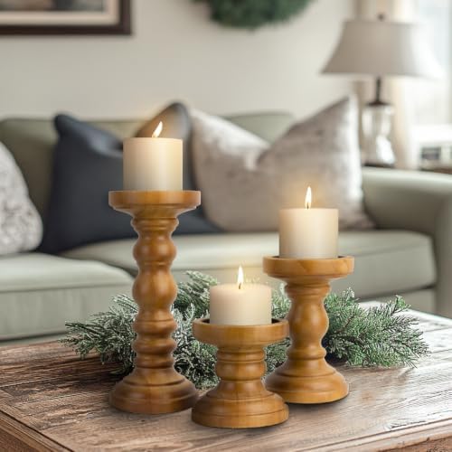 Candle Holder for Pillar Candle Set of 3, Farmhouse Wood Candle Holder, Rustic Wooden Candle Stand, Vintage Tall Candle Stand Decorative for Living Room, Table Centerpiece, Brown - Image 4