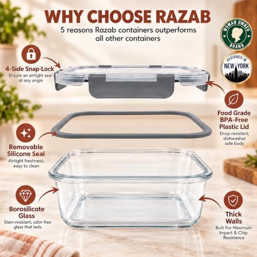 Razab 3 Pack Borosilicate Glass Meal Prep Containers with Airtight Lids - Image 6