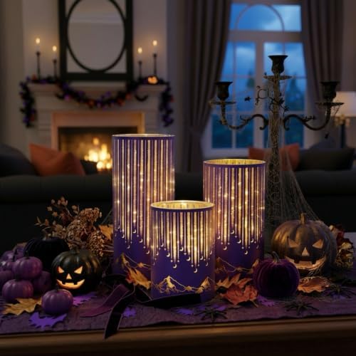 Purple Illuminated Starry Night Hurricanes with Remote Timer, Flickering LED Candle Holder for Halloween Mantel Decor, Party, Lavender Weddings, Memorials and Purple Events, Set of 3 - Image 3