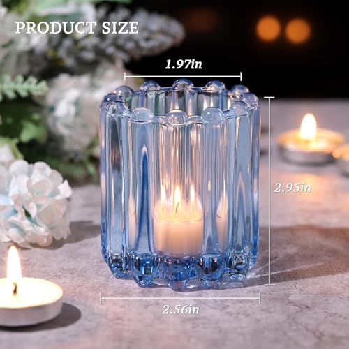 HAVITI Glass Blue Votive Candle Holder, Ribbed Votive Candle Holders Set of 12, Tealight Candle Holder for Wedding Centerpieces Dinner Party Table Decor - Image 2