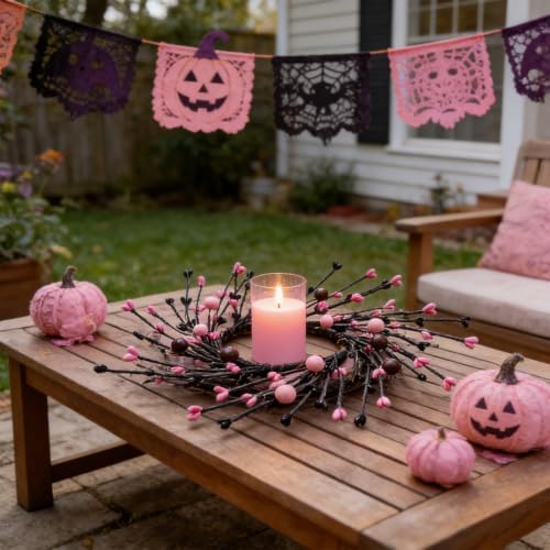 4 Pcs Pink Halloween Mini Candle Ring Wreaths Black Twig & Pink Buds with Bead Accents Artificial Pillar Candle Holder Wreath for Spooky Cute Gothic Home Cabinet Table Porch Decoration - Image 6