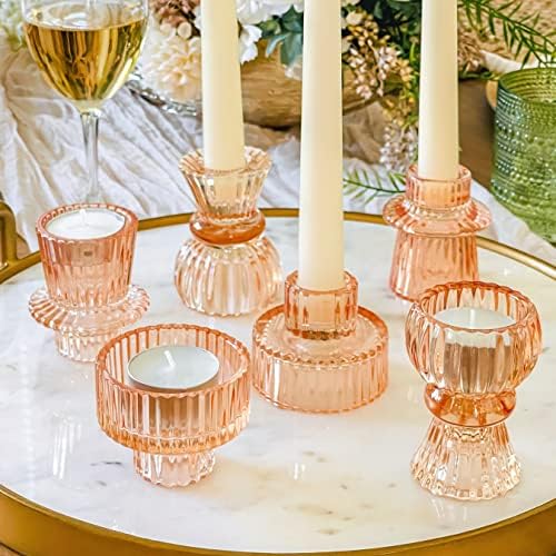 Kate Aspen Glass Taper Candle Holder Set of 6 - Rose Gold Ribbed Vintage Candlestick Votive Pillar Decorative Centerpiece for Dining Table Shelf Decor by KateAspen