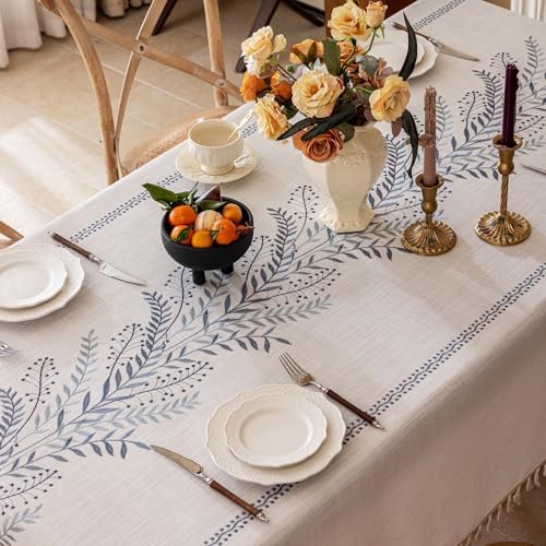 Joyfol Day Rustic Waterproof Linen Tablecloth, Heavy Weight Fern Embroidery Table Cloths for Rectangle Tables, Farmhouse Spill-Proof Table Covers with Tassels, Blue 55''x 70'' - Image 3