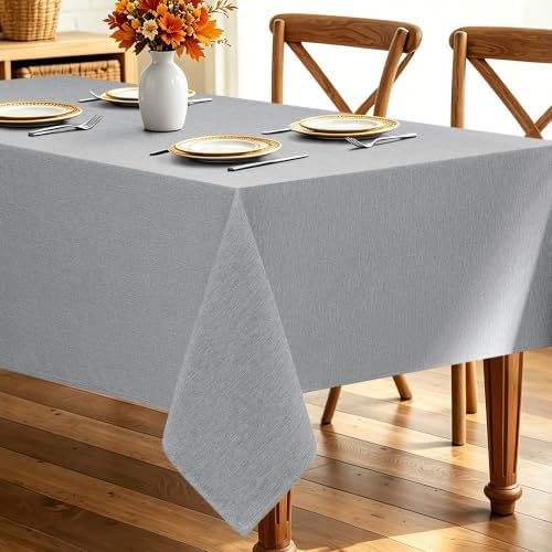 Decorelia Faux Linen Farmhouse Table Cloth 60"x84" for 4-6 ft Rectangle Table, Cool Grey Waterproof Outdoor Washable Cloth Tablecloth for Rectangular Dining Room Kitchen Outdoor Party Restaurant Table by Decorelia
