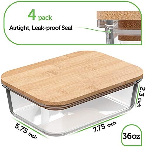 Verel Glass Food Storage Containers with Bamboo Lids (4 Pack, 36 Ounce) Eco Friendly Meal Prep Containers Airtight – Plastic Free, BPA Free - Image 2