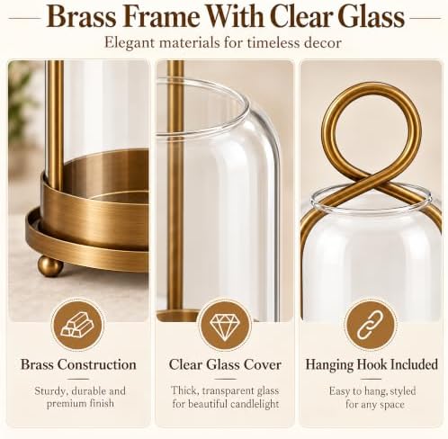 Hurricane Glass Candle Holders Set of 3, Gold Candle Lanterns with Hooks - Image 6