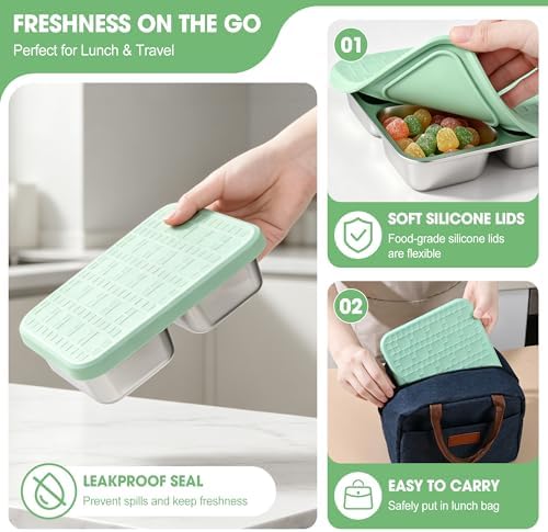 2 Pack Stainless Steel Snack Containers with Silicone Lids, Leakproof Bento Snack Boxes, Reusable 4 Compartment Metal Lunch Containers, Dishwasher Safe Food Storage for Meal Prep, Work & Travel (D) - Image 2