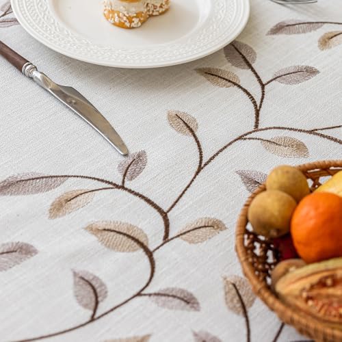 Joyfol Day Round Linen Tablecloth, Heavy Duty Waterproof Tablecloths, Farmhouse Embroidery Leaves Table Cloth with Tassels, Soft Wrinkle Free Table Cover, Coffee Vines, 55 inch - Image 5
