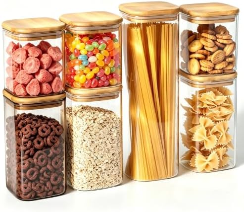 7 Pack Square Glass Storage Containers with Lids, Multi-Size Canisters Sets for the Kitchen & Pantry food storage jar – Ideal for Storing Pasta, Cereal, Flour, Sugar, Nuts, Coffee Beans & More by Etolies