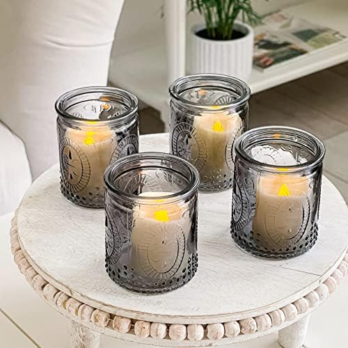 Kate Aspen Smoke Gray Vintage Glass Tealight Votive Candle Holders with Fleur-de-lis Design, Set of 8 - Perfect for Farmhouse Room & Shelf Decor - Image 2