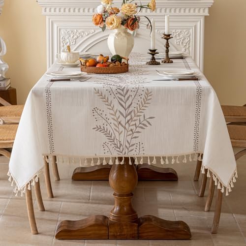 Joyfol Day Rustic Waterproof Linen Tablecloth, Heavy Weight Fern Embroidery Table Cloths for Rectangle Tables, Farmhouse Spill-Proof Table Covers with Tassels, Coffee 55''x 70'' - Image 2