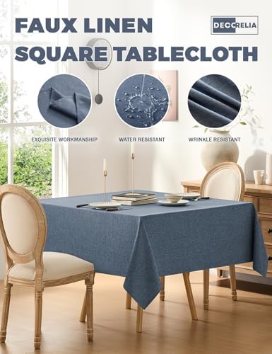 Decorelia Faux Linen Square Tablecloth for Dining Room,Waterproof Texture Decorative Farmhouse Rustic Table Cloth for Indoor Outdoor Party Holiday Banquet Picnics Patio,52x52 Inch (Square),Denim Blue - Image 2