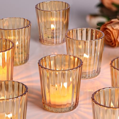 NITIME 8PCS Vintage Ribbed Gold Votive Candle Holders, Glass Candle Holder for Wedding Decorations, Tealight Candle Holder for Table Centerpiece, Diwali, Home and Party Decorations by NITIME