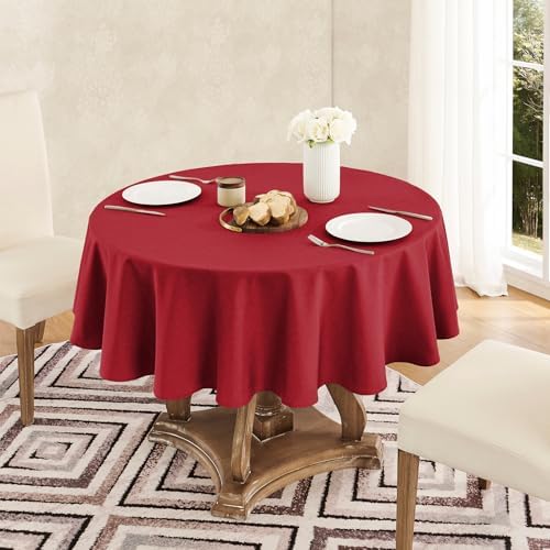 Veblandy Faux Linen Round Tablecloth 60 inch, Table Cloth Wrinkle Free Decorative Fabric Waterproof Table Cover for Dining/Party/Buffet/Wedding, Red - Image 2