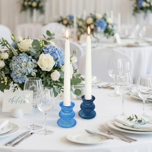 Blue Candlestick Holders 12 Pcs, Ribbed Taper Candle Holders for Table Centerpieces, Vintage Glass Candle Holders Bulk for Wedding, Birthday, Baby Shower Decoration - Image 2