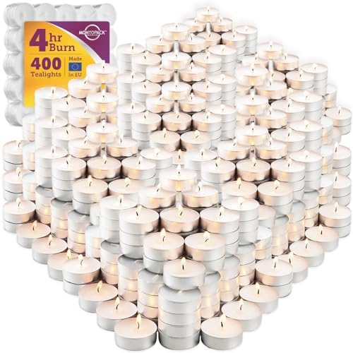 MontoPack Unscented Tea Light Candles 400 Pack | 4 Hours, White, Smokeless, Dripless Small Votive Paraffin Tealights | Long-Lasting for Home, Shabbat, Weddings, Events, Emergencies | Mini Candles Bulk by MontoPack