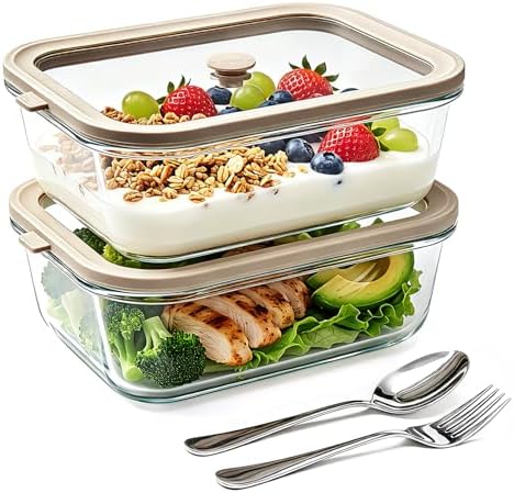 50 oz Glass Food Storage Containers with Glass Lids, 2 Pack by Encheng