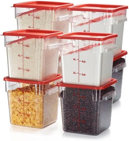 CURTA 8-Pack 8 Qt NSF Clear Polycarbonate Food Storage Containers with Red Lids - Square, Commercial-Grade, Freezer & Dishwasher Safe, Stackable by CURTA