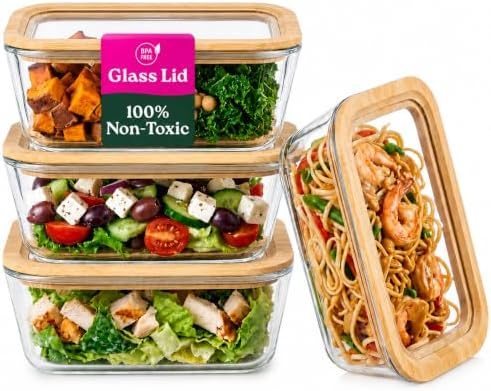 4-Pack Glass Food Storage Containers with Glass Lids & Bamboo Rim – Plastic Free 27 Oz Glass Meal Prep Containers for Lunch, Eco Friendly Airtight Food Storage, Microwave & Oven Safe by Unknown